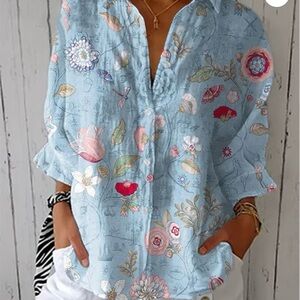 Women's Vintage Botanical Floral Art Print Lapel Shirt by USA COMFY CLOTHES.